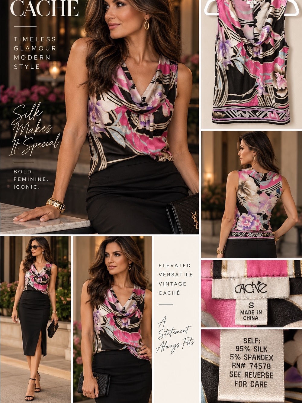Cache Pink Black Floral Cowl Neck Silk Sleeveless blouse
